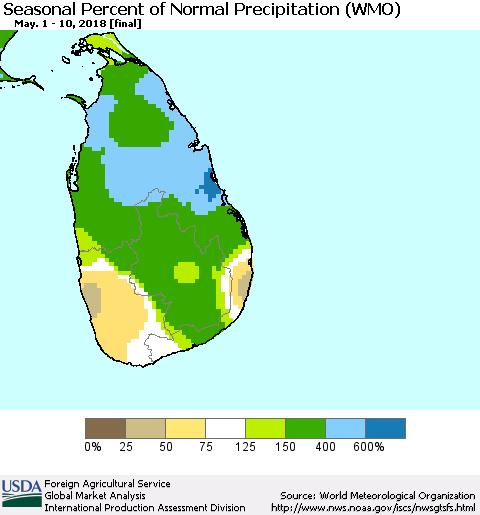Sri Lanka Seasonal Percent of Normal Precipitation (WMO) Thematic Map For 5/1/2018 - 5/10/2018