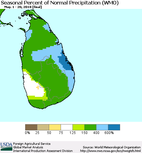Sri Lanka Seasonal Percent of Normal Precipitation (WMO) Thematic Map For 5/1/2018 - 5/20/2018