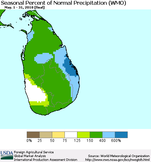Sri Lanka Seasonal Percent of Normal Precipitation (WMO) Thematic Map For 5/1/2018 - 5/31/2018