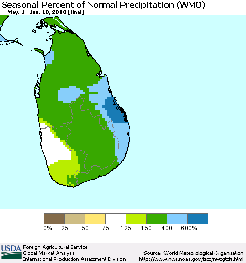Sri Lanka Seasonal Percent of Normal Precipitation (WMO) Thematic Map For 5/1/2018 - 6/10/2018