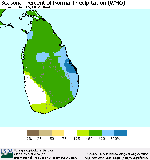 Sri Lanka Seasonal Percent of Normal Precipitation (WMO) Thematic Map For 5/1/2018 - 6/20/2018
