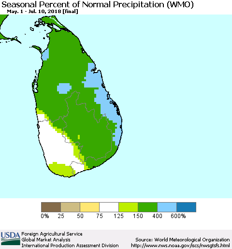 Sri Lanka Seasonal Percent of Normal Precipitation (WMO) Thematic Map For 5/1/2018 - 7/10/2018