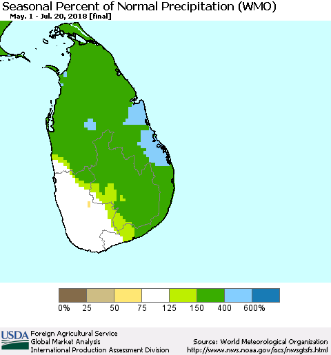 Sri Lanka Seasonal Percent of Normal Precipitation (WMO) Thematic Map For 5/1/2018 - 7/20/2018