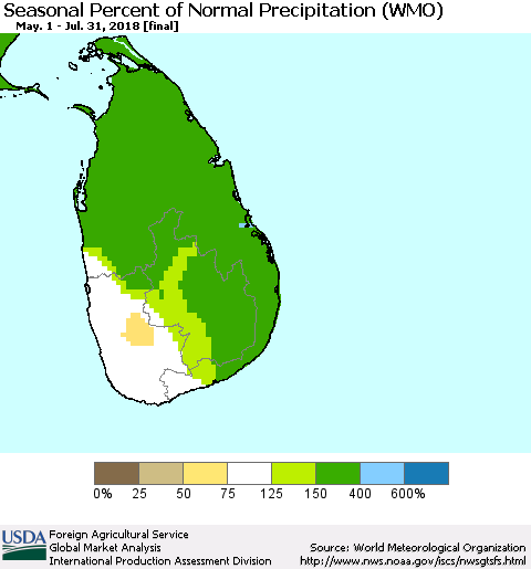 Sri Lanka Seasonal Percent of Normal Precipitation (WMO) Thematic Map For 5/1/2018 - 7/31/2018