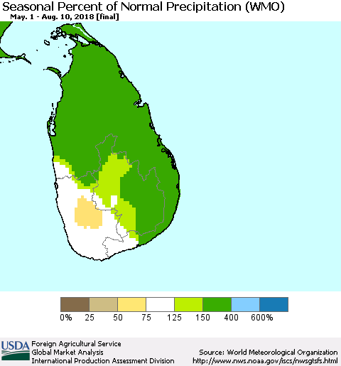Sri Lanka Seasonal Percent of Normal Precipitation (WMO) Thematic Map For 5/1/2018 - 8/10/2018
