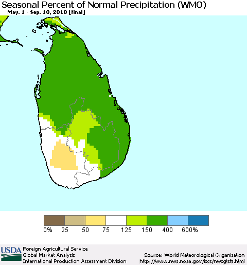 Sri Lanka Seasonal Percent of Normal Precipitation (WMO) Thematic Map For 5/1/2018 - 9/10/2018