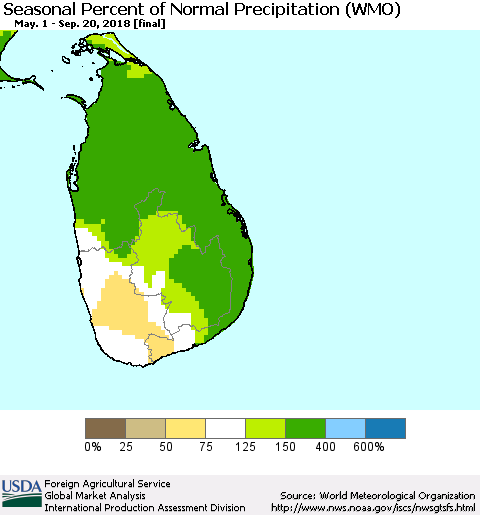 Sri Lanka Seasonal Percent of Normal Precipitation (WMO) Thematic Map For 5/1/2018 - 9/20/2018