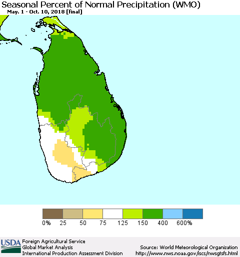 Sri Lanka Seasonal Percent of Normal Precipitation (WMO) Thematic Map For 5/1/2018 - 10/10/2018