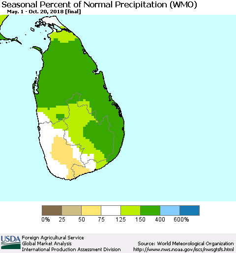 Sri Lanka Seasonal Percent of Normal Precipitation (WMO) Thematic Map For 5/1/2018 - 10/20/2018
