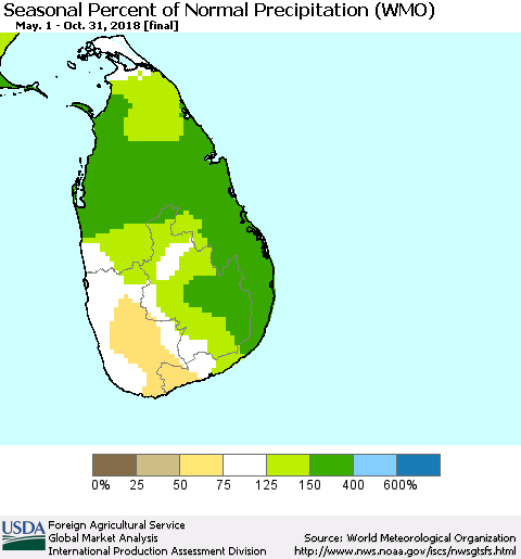 Sri Lanka Seasonal Percent of Normal Precipitation (WMO) Thematic Map For 5/1/2018 - 10/31/2018