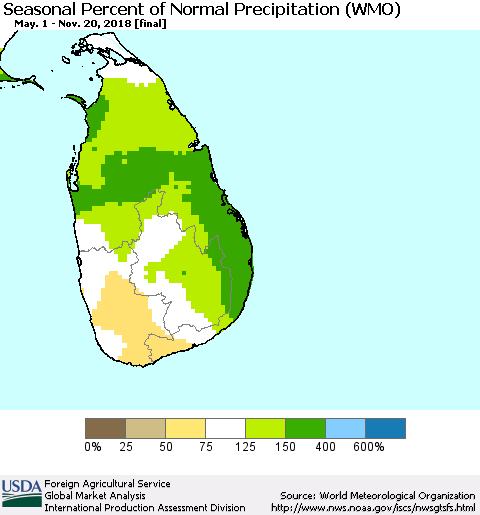Sri Lanka Seasonal Percent of Normal Precipitation (WMO) Thematic Map For 5/1/2018 - 11/20/2018