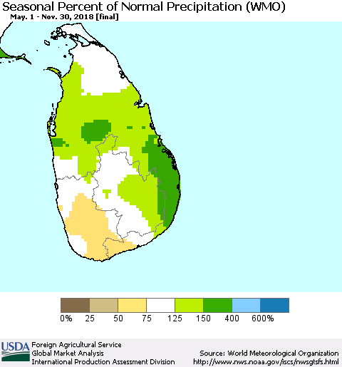 Sri Lanka Seasonal Percent of Normal Precipitation (WMO) Thematic Map For 5/1/2018 - 11/30/2018