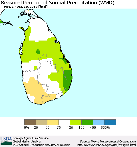 Sri Lanka Seasonal Percent of Normal Precipitation (WMO) Thematic Map For 5/1/2018 - 12/10/2018
