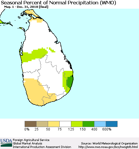 Sri Lanka Seasonal Percent of Normal Precipitation (WMO) Thematic Map For 5/1/2018 - 12/31/2018