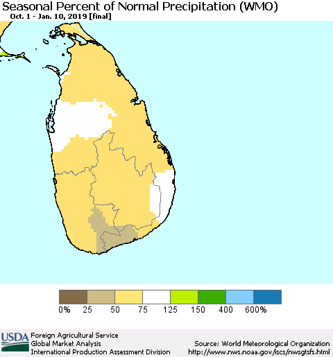 Sri Lanka Seasonal Percent of Normal Precipitation (WMO) Thematic Map For 10/1/2018 - 1/10/2019