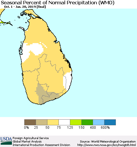 Sri Lanka Seasonal Percent of Normal Precipitation (WMO) Thematic Map For 10/1/2018 - 1/20/2019