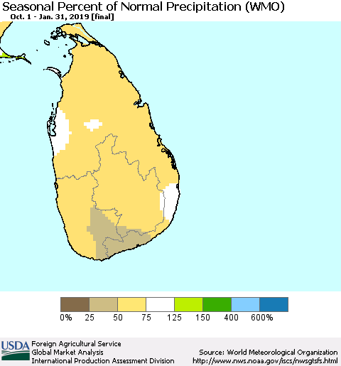 Sri Lanka Seasonal Percent of Normal Precipitation (WMO) Thematic Map For 10/1/2018 - 1/31/2019