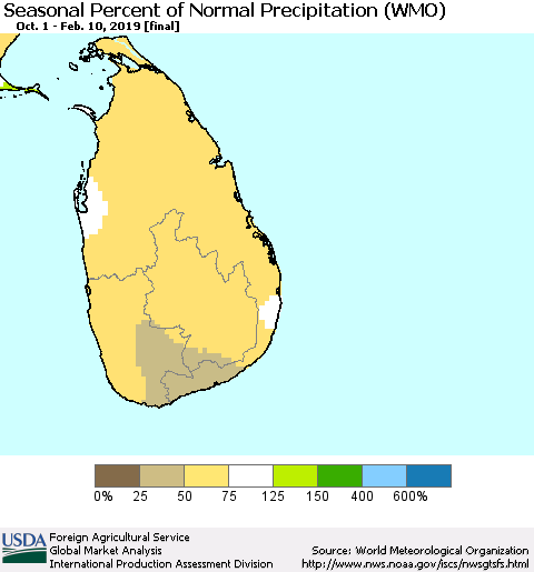 Sri Lanka Seasonal Percent of Normal Precipitation (WMO) Thematic Map For 10/1/2018 - 2/10/2019