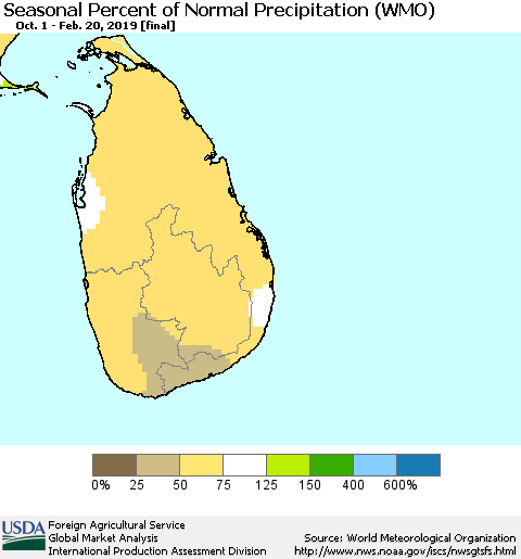 Sri Lanka Seasonal Percent of Normal Precipitation (WMO) Thematic Map For 10/1/2018 - 2/20/2019