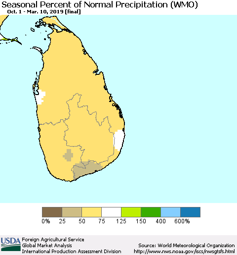Sri Lanka Seasonal Percent of Normal Precipitation (WMO) Thematic Map For 10/1/2018 - 3/10/2019