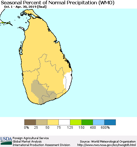 Sri Lanka Seasonal Percent of Normal Precipitation (WMO) Thematic Map For 10/1/2018 - 4/30/2019