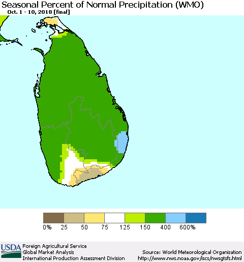 Sri Lanka Seasonal Percent of Normal Precipitation (WMO) Thematic Map For 10/1/2018 - 10/10/2018