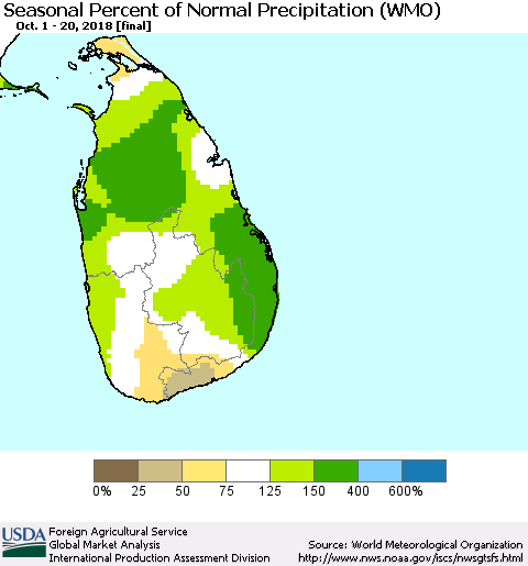 Sri Lanka Seasonal Percent of Normal Precipitation (WMO) Thematic Map For 10/1/2018 - 10/20/2018