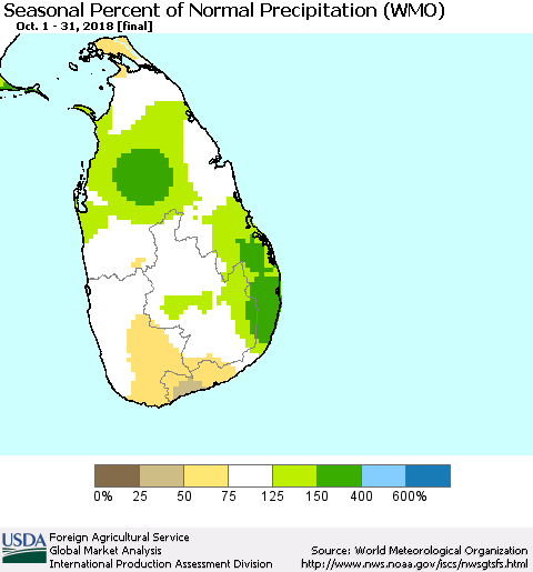 Sri Lanka Seasonal Percent of Normal Precipitation (WMO) Thematic Map For 10/1/2018 - 10/31/2018