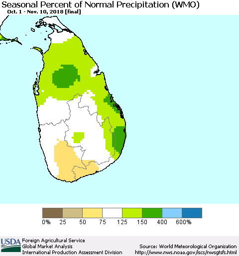 Sri Lanka Seasonal Percent of Normal Precipitation (WMO) Thematic Map For 10/1/2018 - 11/10/2018