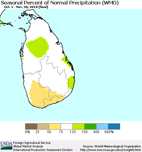 Sri Lanka Seasonal Percent of Normal Precipitation (WMO) Thematic Map For 10/1/2018 - 11/20/2018