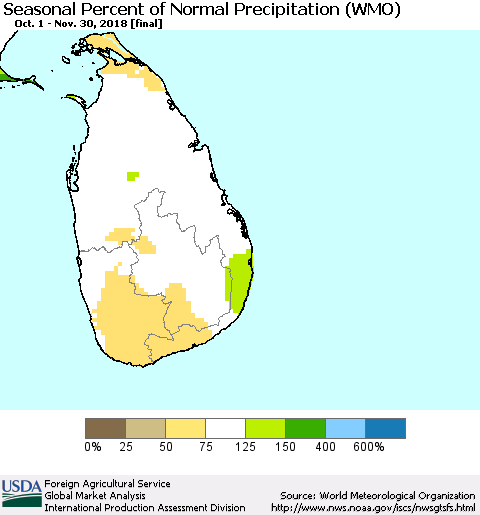 Sri Lanka Seasonal Percent of Normal Precipitation (WMO) Thematic Map For 10/1/2018 - 11/30/2018