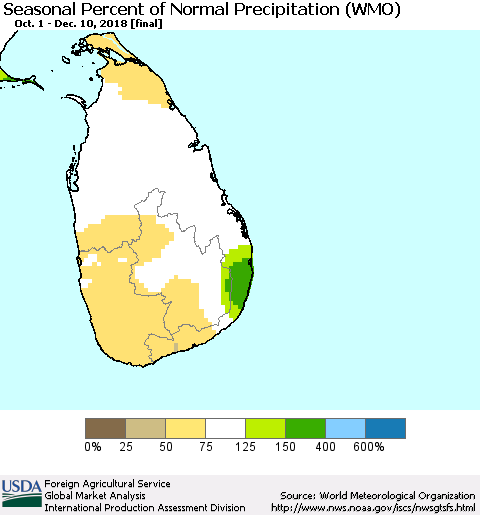 Sri Lanka Seasonal Percent of Normal Precipitation (WMO) Thematic Map For 10/1/2018 - 12/10/2018