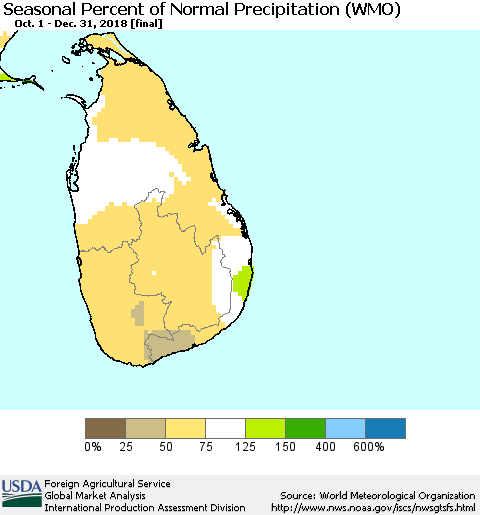 Sri Lanka Seasonal Percent of Normal Precipitation (WMO) Thematic Map For 10/1/2018 - 12/31/2018