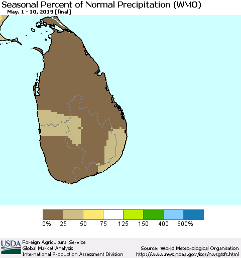 Sri Lanka Seasonal Percent of Normal Precipitation (WMO) Thematic Map For 5/1/2019 - 5/10/2019