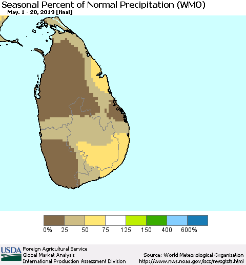 Sri Lanka Seasonal Percent of Normal Precipitation (WMO) Thematic Map For 5/1/2019 - 5/20/2019