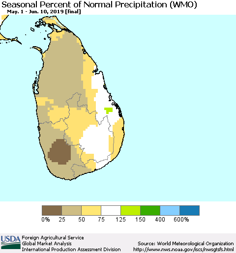 Sri Lanka Seasonal Percent of Normal Precipitation (WMO) Thematic Map For 5/1/2019 - 6/10/2019