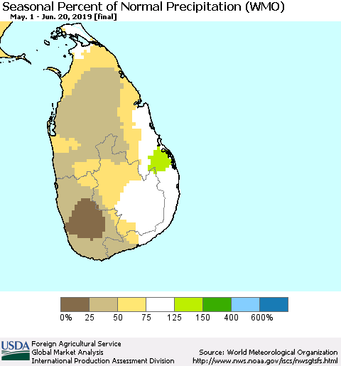 Sri Lanka Seasonal Percent of Normal Precipitation (WMO) Thematic Map For 5/1/2019 - 6/20/2019
