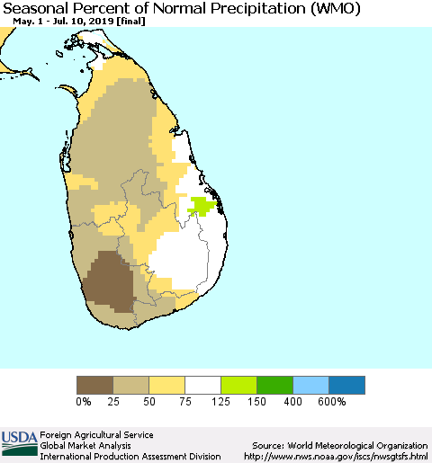 Sri Lanka Seasonal Percent of Normal Precipitation (WMO) Thematic Map For 5/1/2019 - 7/10/2019