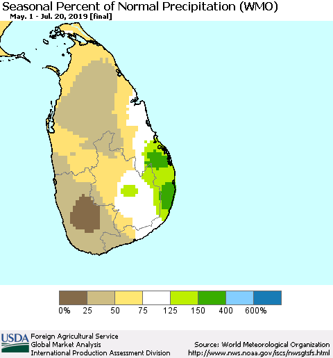 Sri Lanka Seasonal Percent of Normal Precipitation (WMO) Thematic Map For 5/1/2019 - 7/20/2019