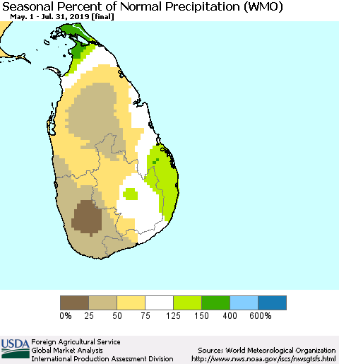Sri Lanka Seasonal Percent of Normal Precipitation (WMO) Thematic Map For 5/1/2019 - 7/31/2019
