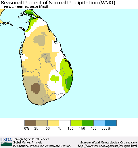 Sri Lanka Seasonal Percent of Normal Precipitation (WMO) Thematic Map For 5/1/2019 - 8/10/2019