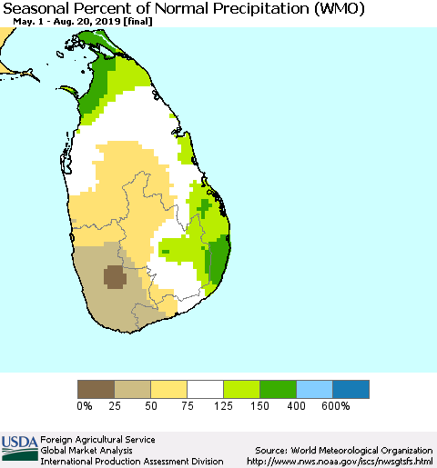 Sri Lanka Seasonal Percent of Normal Precipitation (WMO) Thematic Map For 5/1/2019 - 8/20/2019
