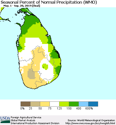 Sri Lanka Seasonal Percent of Normal Precipitation (WMO) Thematic Map For 5/1/2019 - 9/20/2019