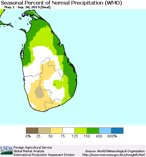 Sri Lanka Seasonal Percent of Normal Precipitation (WMO) Thematic Map For 5/1/2019 - 9/30/2019
