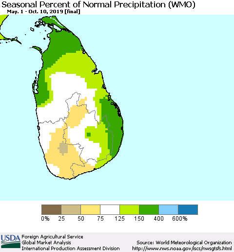 Sri Lanka Seasonal Percent of Normal Precipitation (WMO) Thematic Map For 5/1/2019 - 10/10/2019