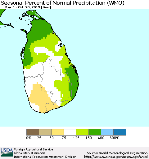 Sri Lanka Seasonal Percent of Normal Precipitation (WMO) Thematic Map For 5/1/2019 - 10/20/2019