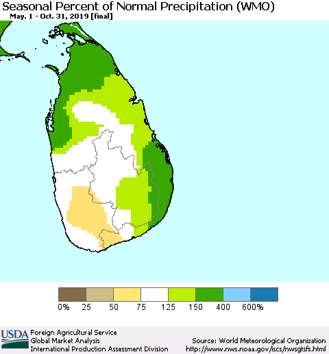 Sri Lanka Seasonal Percent of Normal Precipitation (WMO) Thematic Map For 5/1/2019 - 10/31/2019