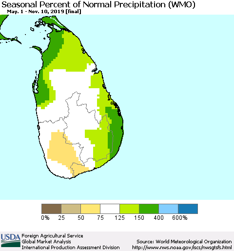 Sri Lanka Seasonal Percent of Normal Precipitation (WMO) Thematic Map For 5/1/2019 - 11/10/2019