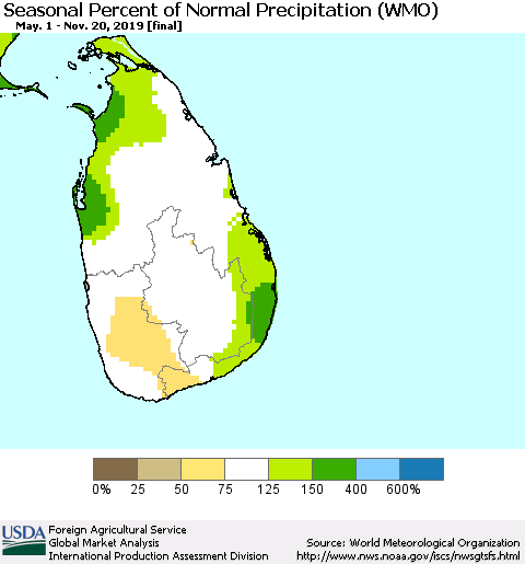 Sri Lanka Seasonal Percent of Normal Precipitation (WMO) Thematic Map For 5/1/2019 - 11/20/2019