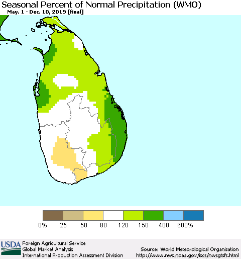Sri Lanka Seasonal Percent of Normal Precipitation (WMO) Thematic Map For 5/1/2019 - 12/10/2019